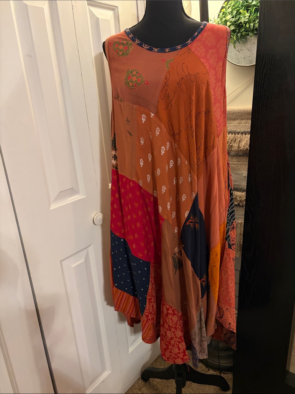 Ashley Taylor Vintage Patchwork Boho Midi Dress in Rust & Orange